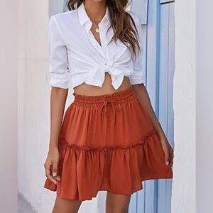 Alelly Women’s Orange Rust High Waist Ruffle Mini Skirt Summer Flowy XL NWT